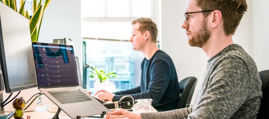 Development team collaborating on a project in a modern office